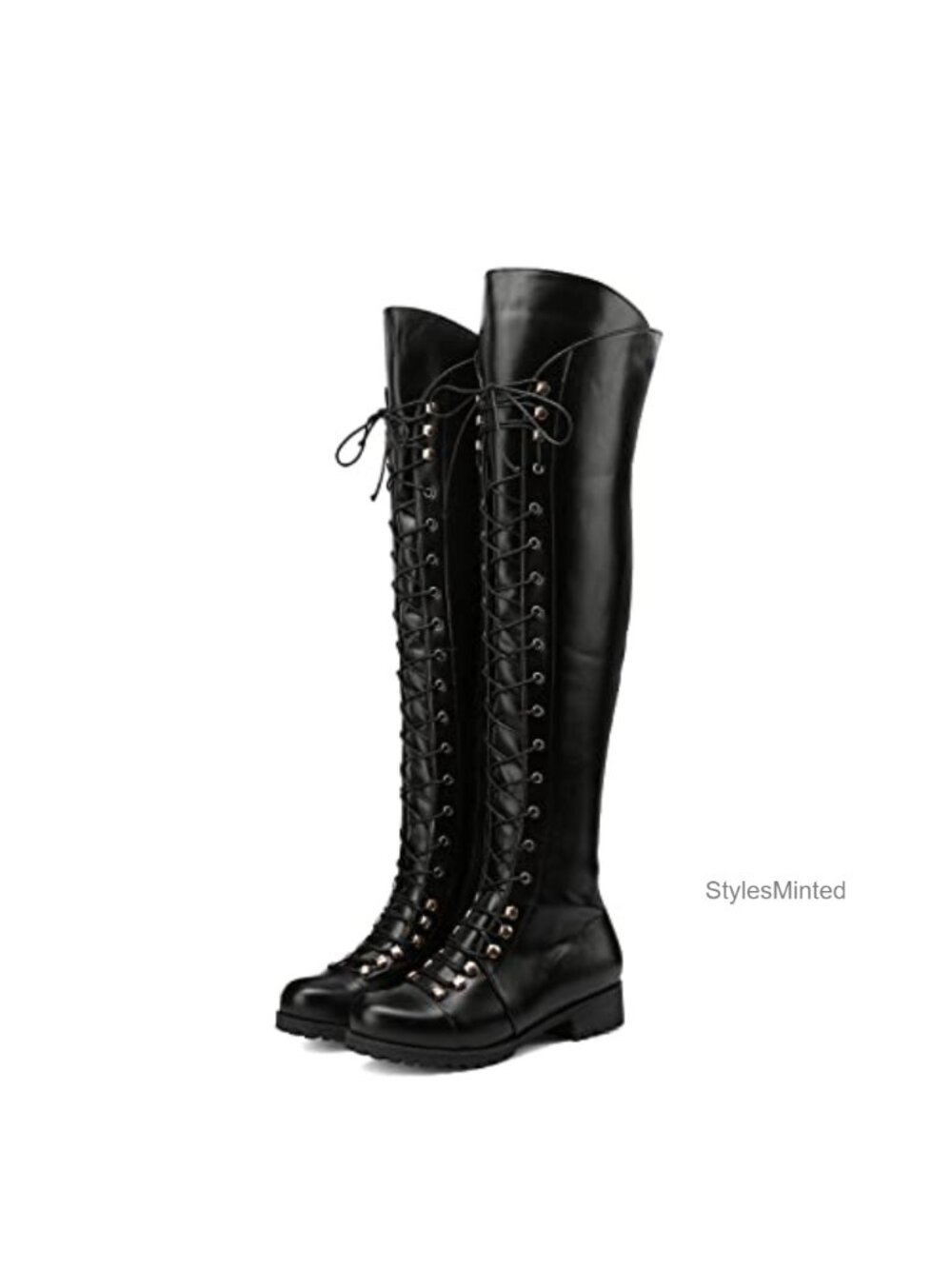 Over The Knee Boots Lace-up Flat PU Leather Riding Boot for Women